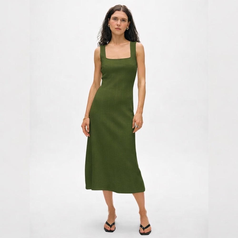 White + Warren Sleeveless Square Neck Midi Olive Green Dress NWOT
